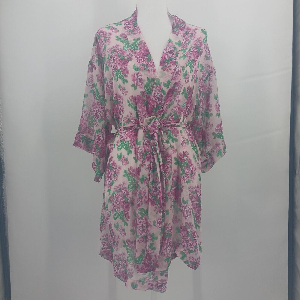 womens purple floral tie waist robe sleepwear size M/L knee length pretty girly